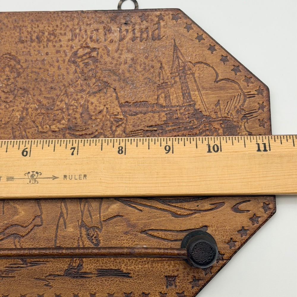 Antique WWI Pyrography Wood Soldier Nurse Sailor Tie Rack Christmas Inscription - Picture 3 of 9